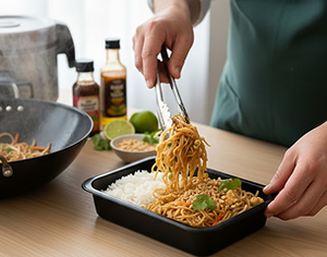 Meals are cooked fresh daily, packed, and prepared for chilled delivery.